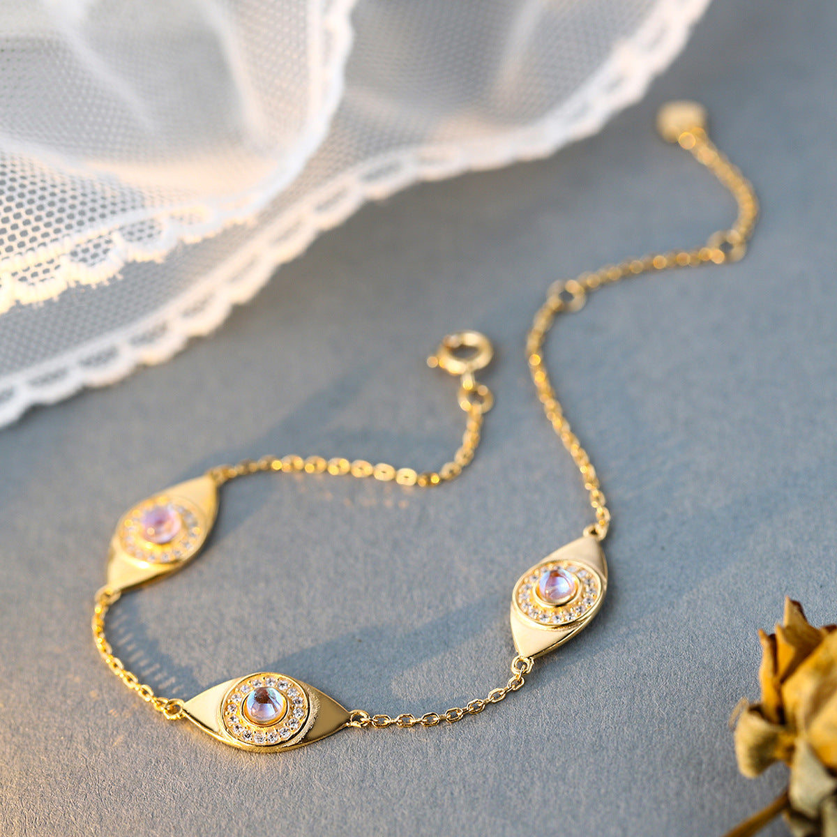 S925 Sterling Silver Hamsa Guardian Eye 14K Yellow Gold Plated C/Z Bracelet