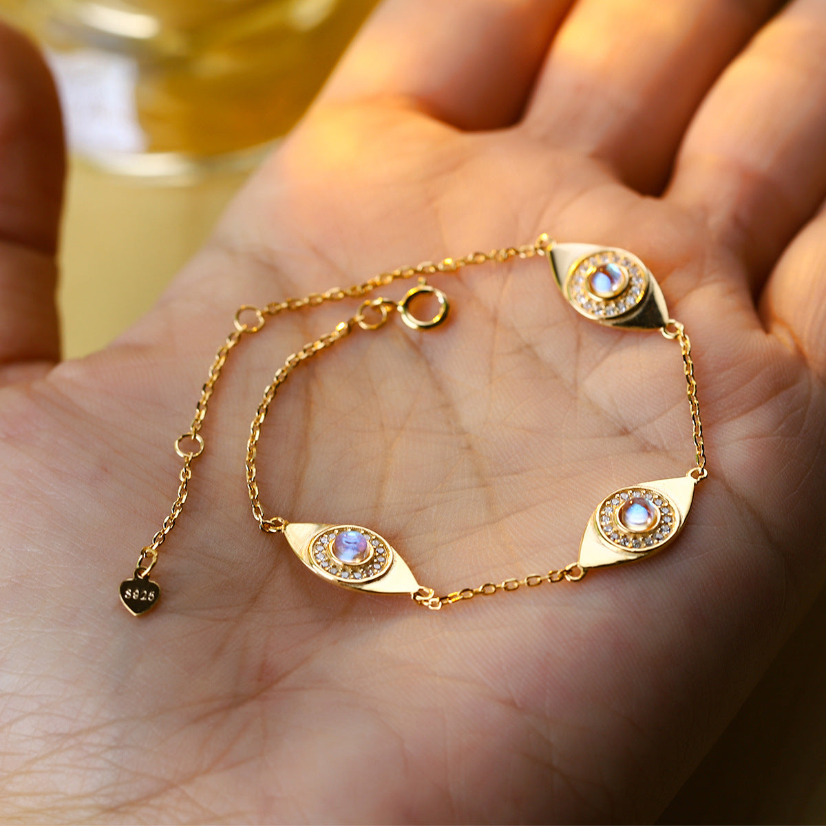 S925 Sterling Silver Hamsa Guardian Eye 14K Yellow Gold Plated C/Z Bracelet