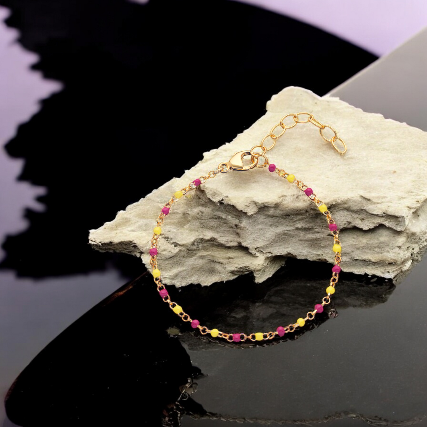 Sterling Silver Gold Plated Enamel Red and Yellow Beaded Bracelet 160mm Length S925 with Hallmark