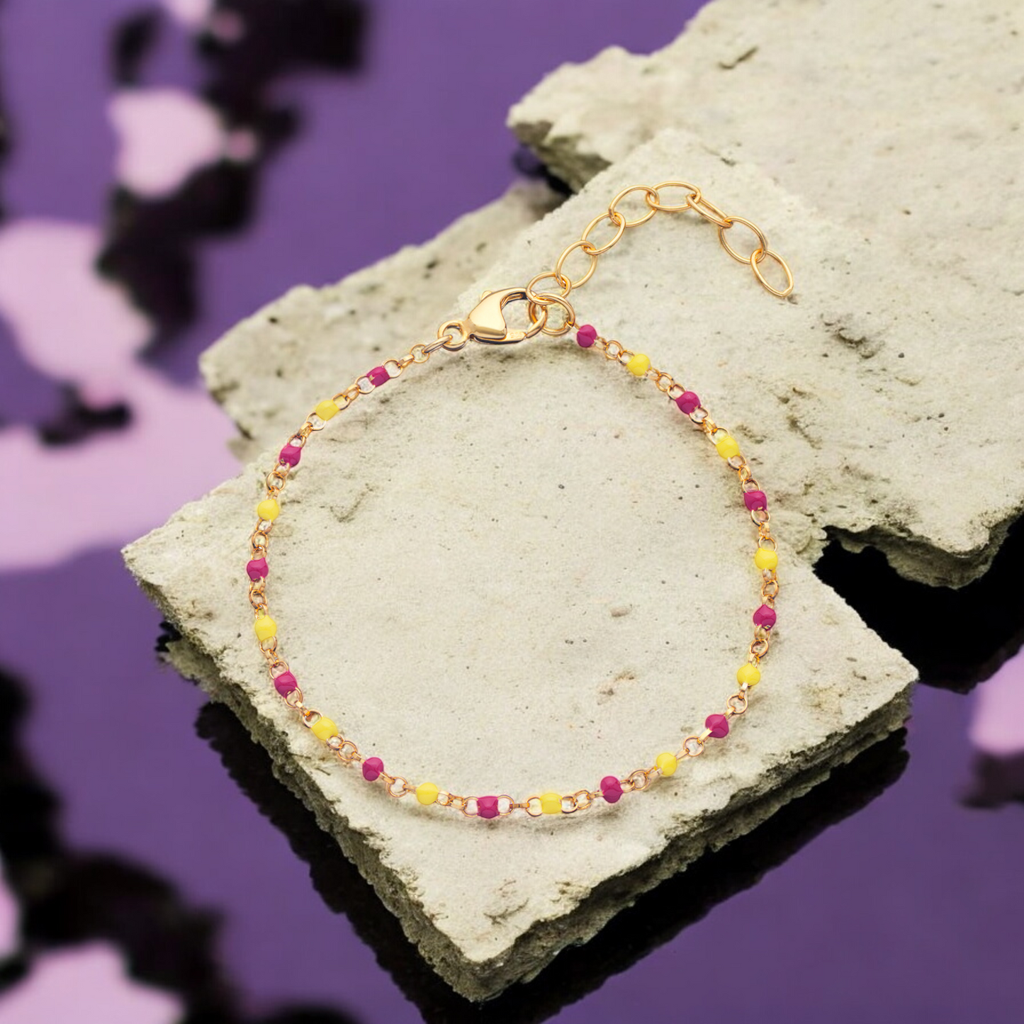 Sterling Silver Gold Plated Enamel Red and Yellow Beaded Bracelet 160mm Length S925 with Hallmark