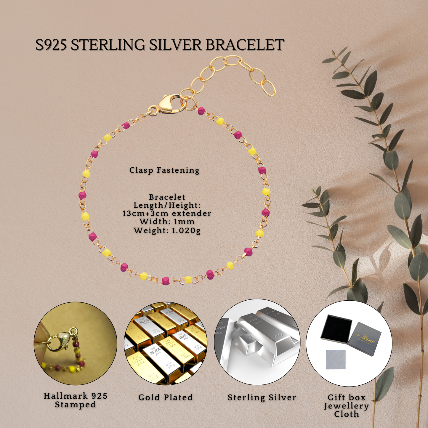 Sterling Silver Gold Plated Enamel Red and Yellow Beaded Bracelet 160mm Length S925 with Hallmark