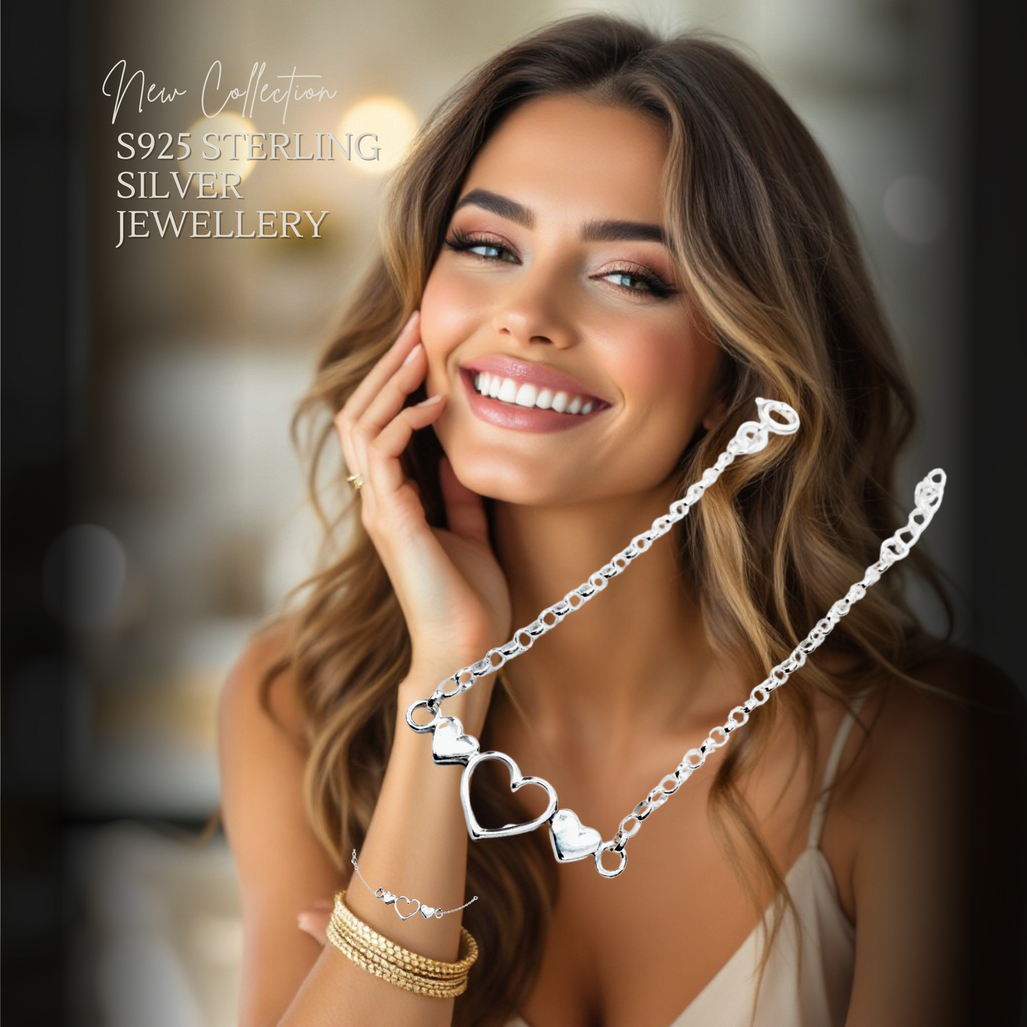 Sterling Silver Triple 16cm Heart Bracelet