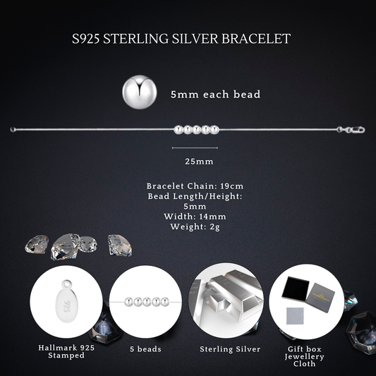 Sterling Silver Five Beads Bracelet S925 with Hallmark