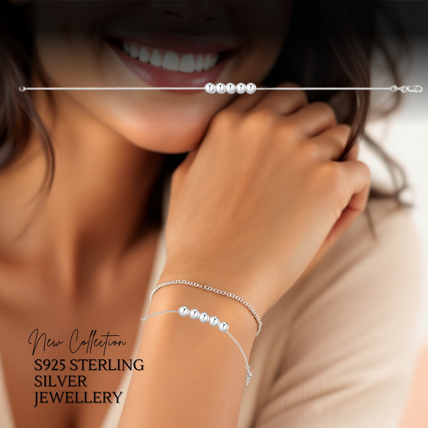 Sterling Silver Five Beads Bracelet S925 with Hallmark