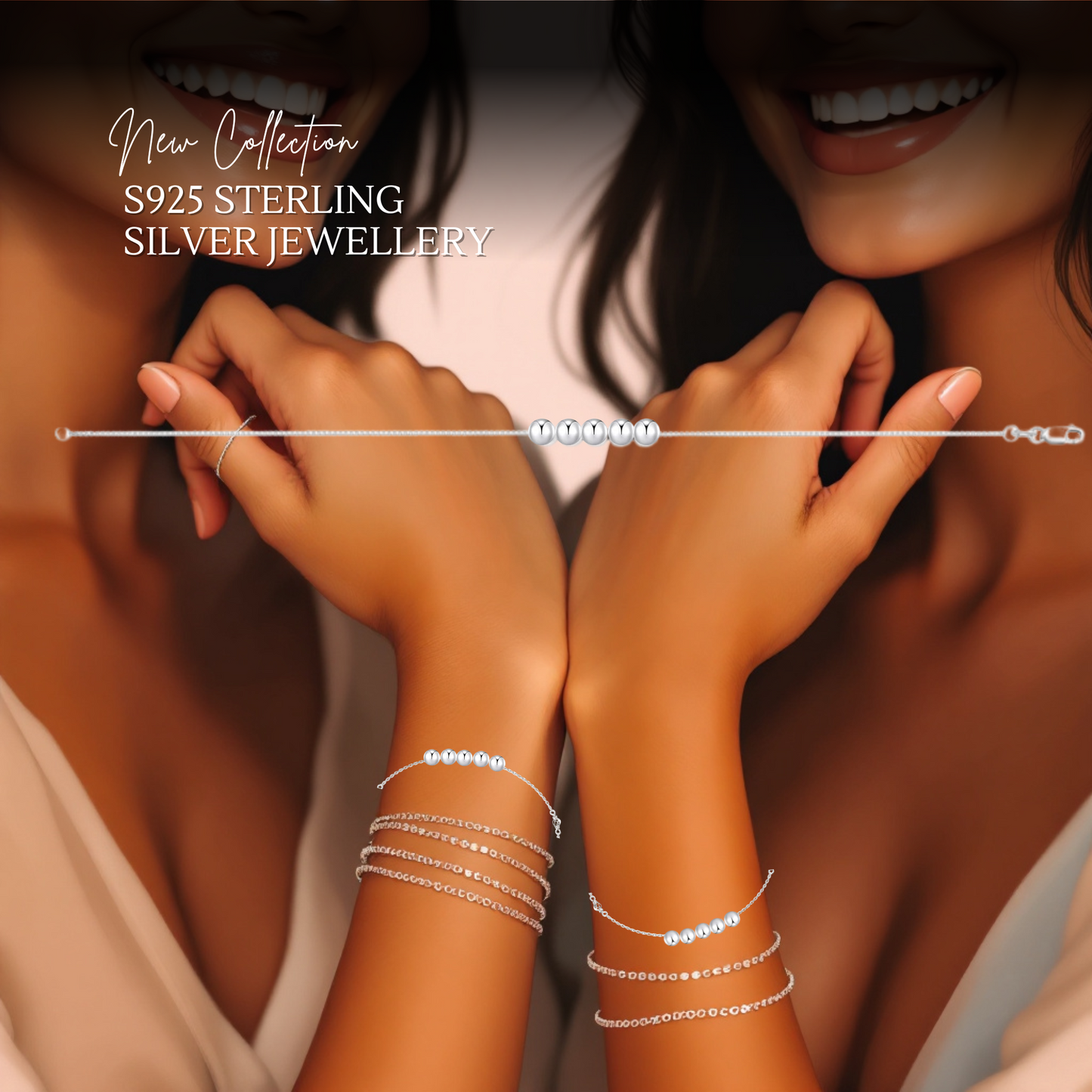 Sterling Silver Five Beads Bracelet S925 with Hallmark