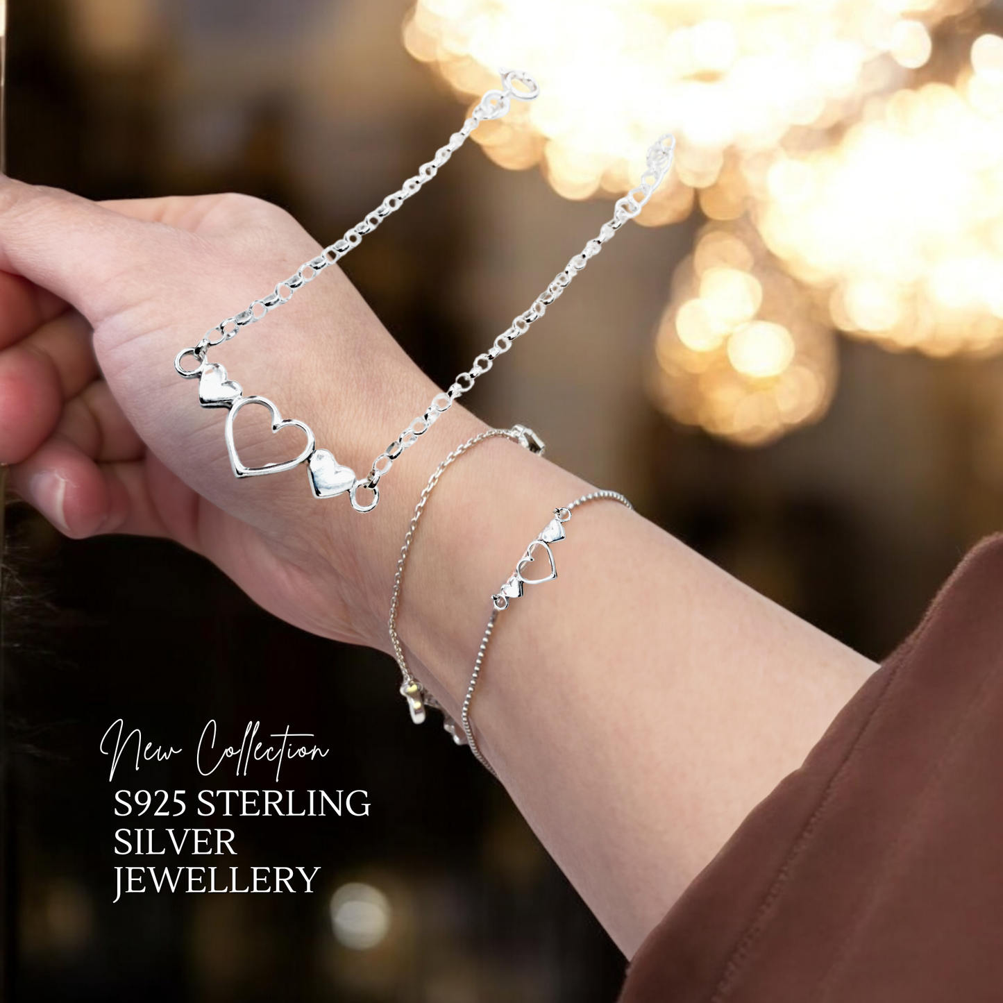 Sterling Silver Triple 16cm Heart Bracelet