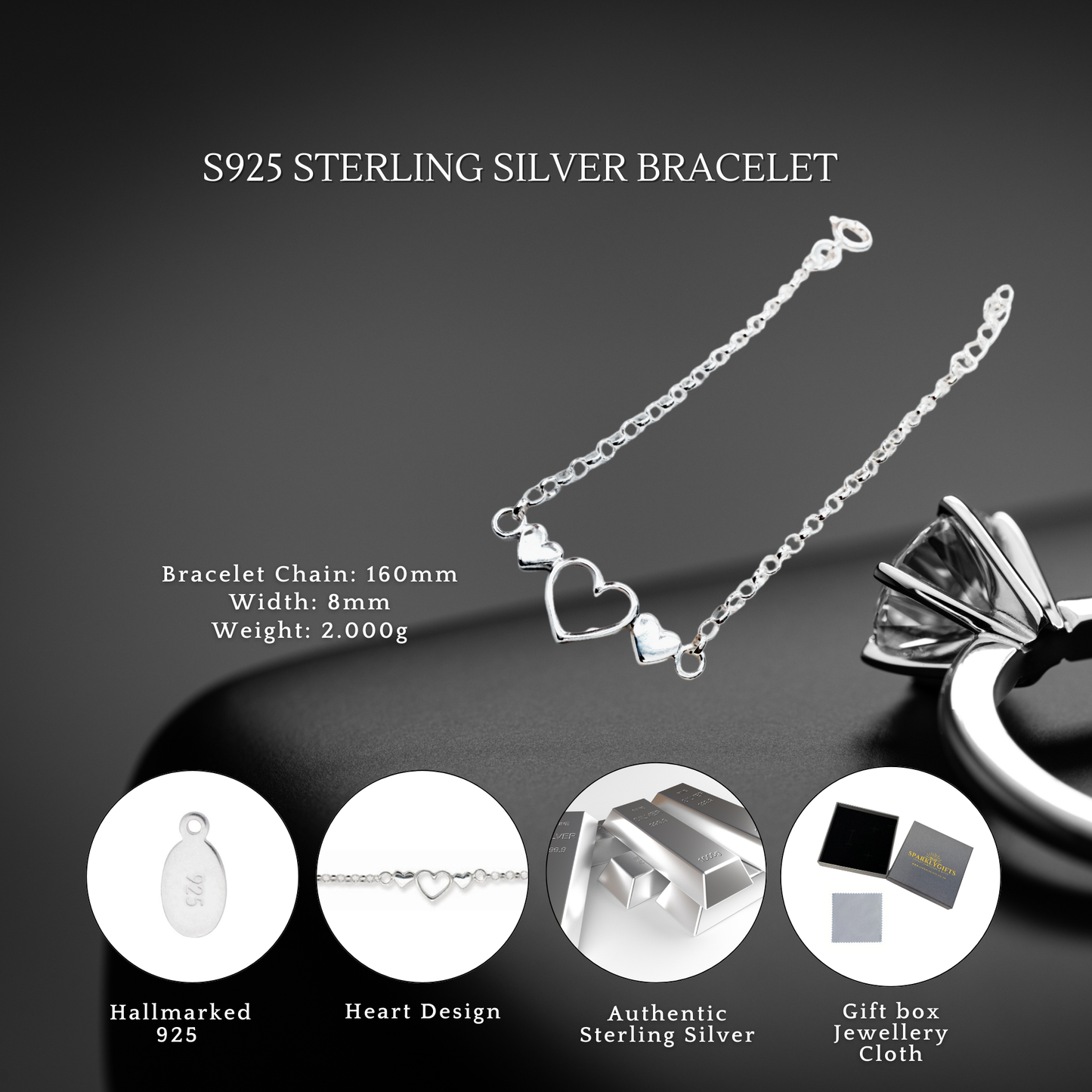 Sterling Silver Triple 16cm Heart Bracelet