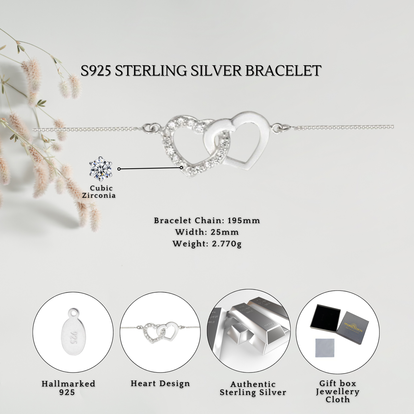 Sterling Silver Cubic Zirconia Interlinked Heart Necklace and Bracelet Set