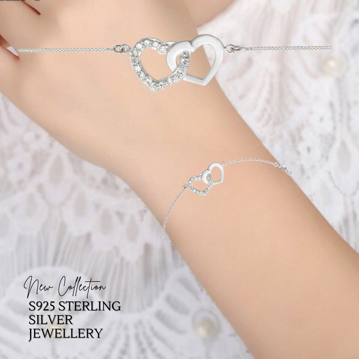 Sterling Silver Cubic Zirconia 16cm Interlinked Heart Bracelet