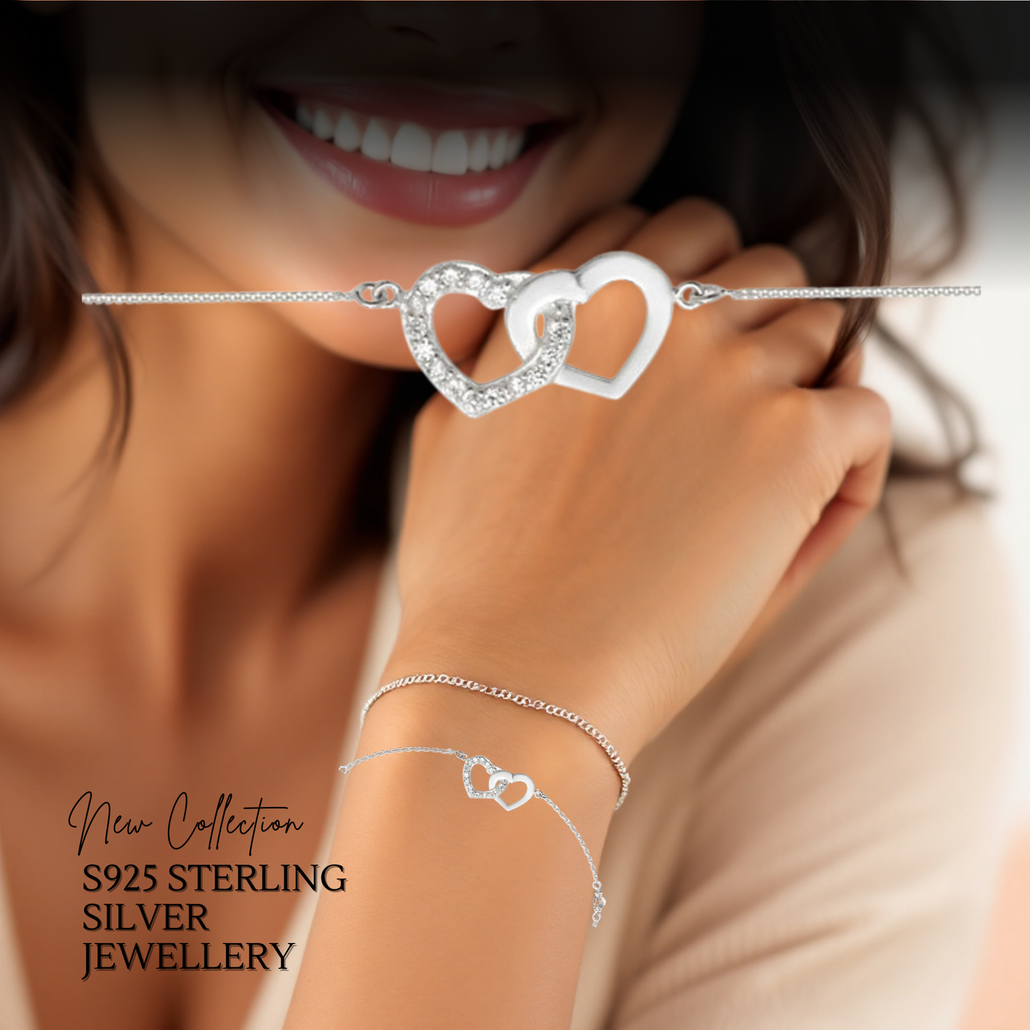 Sterling Silver Cubic Zirconia 16cm Interlinked Heart Bracelet