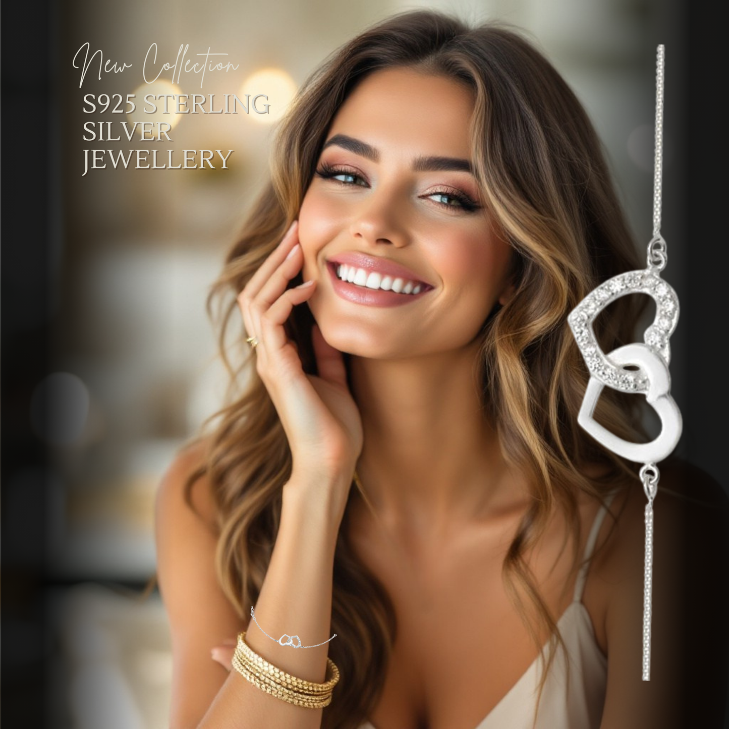 Sterling Silver Cubic Zirconia 16cm Interlinked Heart Bracelet
