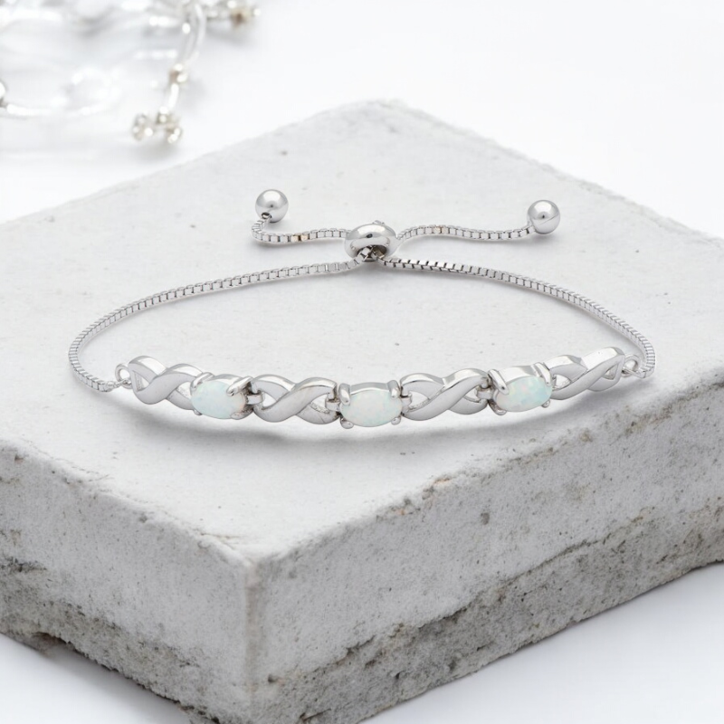 Sterling Silver Opal Crystal Stone Healing Crystal Infinity Toggle Bracelet Adjustable