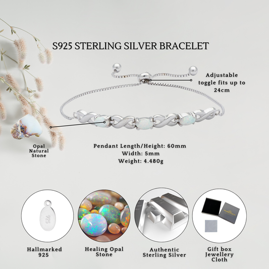 Sterling Silver Opal Crystal Stone Healing Crystal Infinity Toggle Bracelet Adjustable