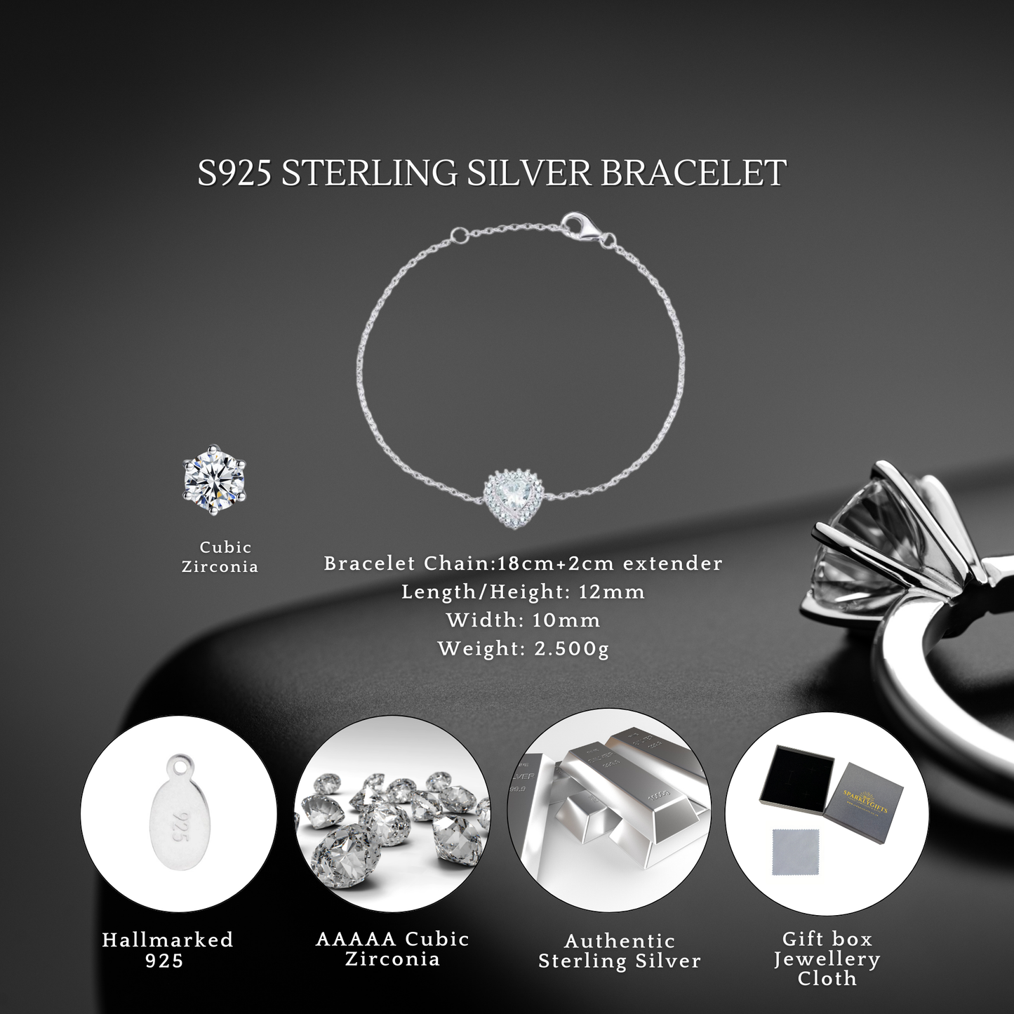 Sterling Silver Cubic Zirconia Heart Bracelet