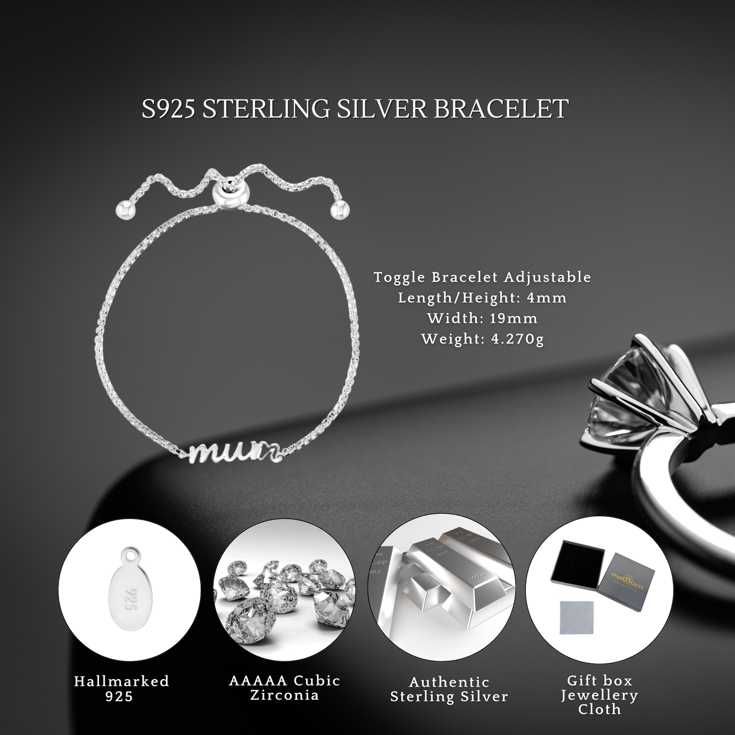 To My Mum S925 Sterling Silver Mum Toggle Adjustable Bracelet with Message Card