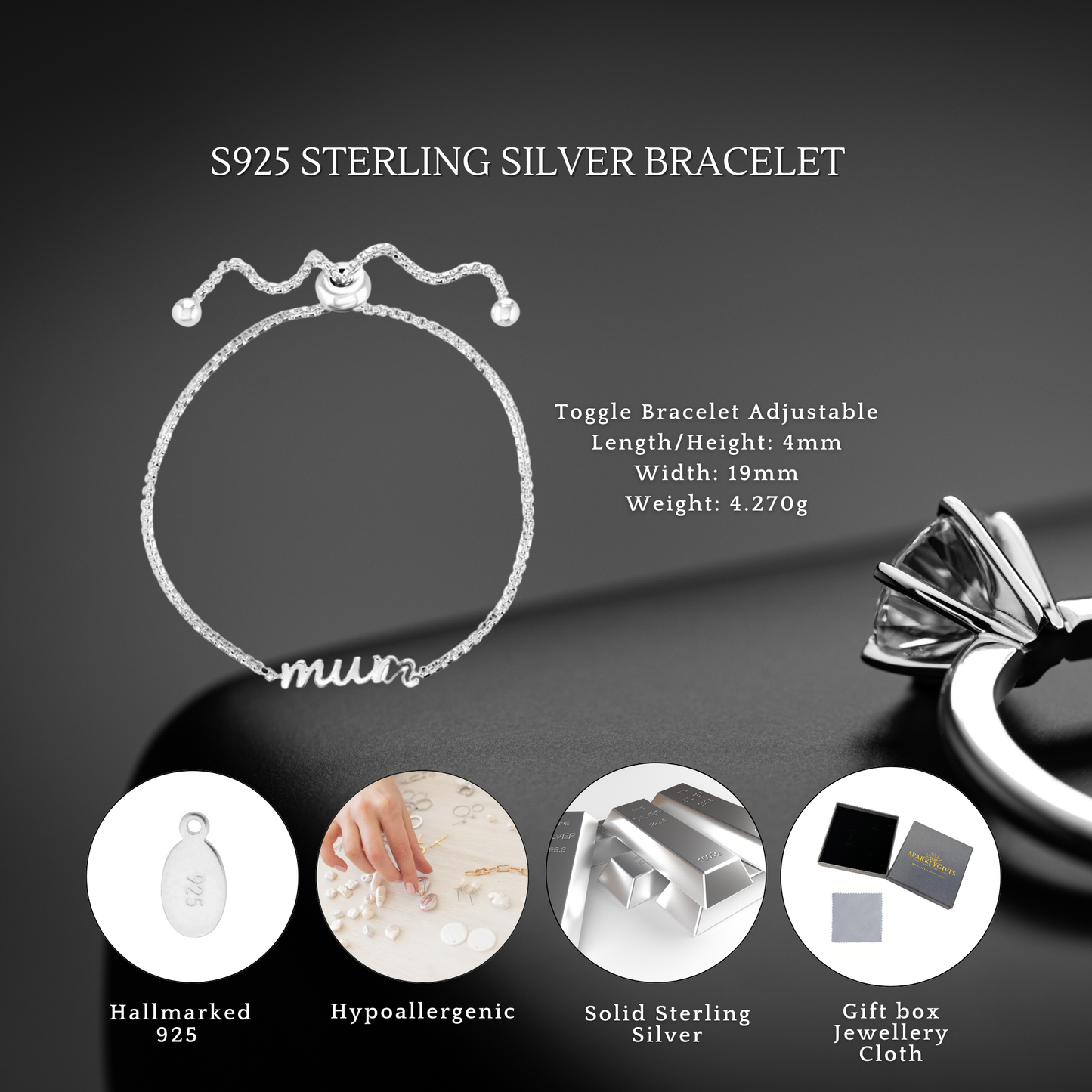 Sterling Silver Mum Toggle Adjustable Bracelet