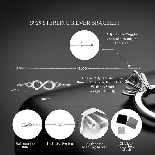Sterling Silver 19cm Infinity Bracelet Adjustable