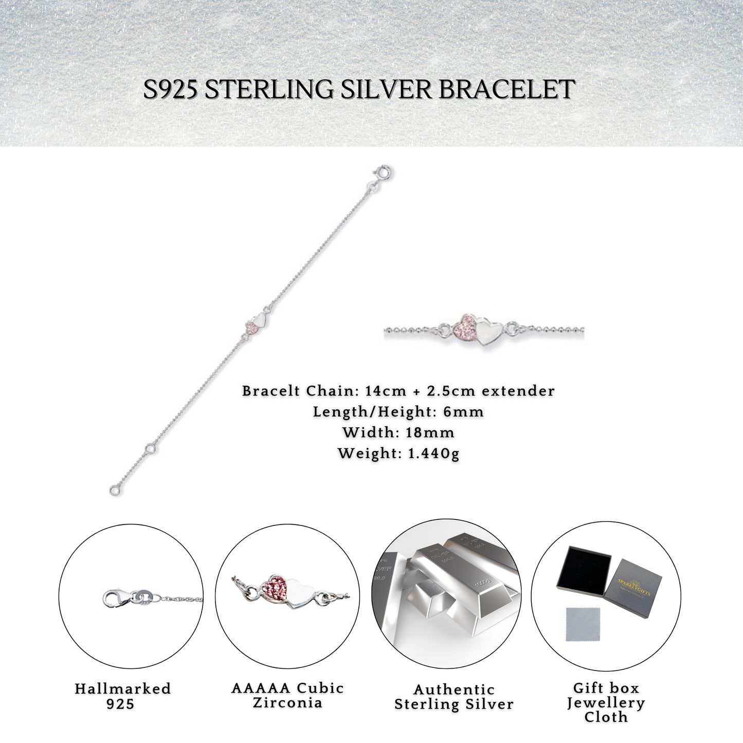 Sterling Silver Pink Cubic Zirconia 16cm Dua Heart Bracelet
