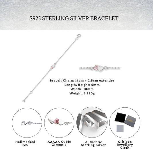 Sterling Silver Pink Cubic Zirconia 16cm Dua Heart Bracelet