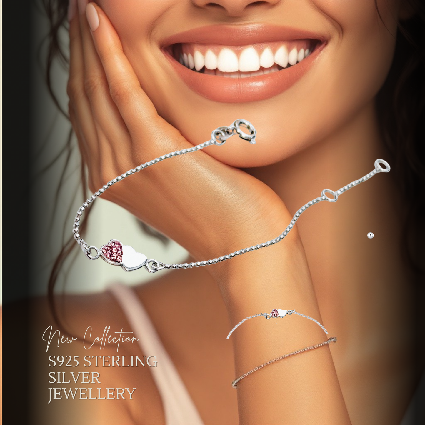 Sterling Silver Pink Cubic Zirconia 16cm Dua Heart Bracelet