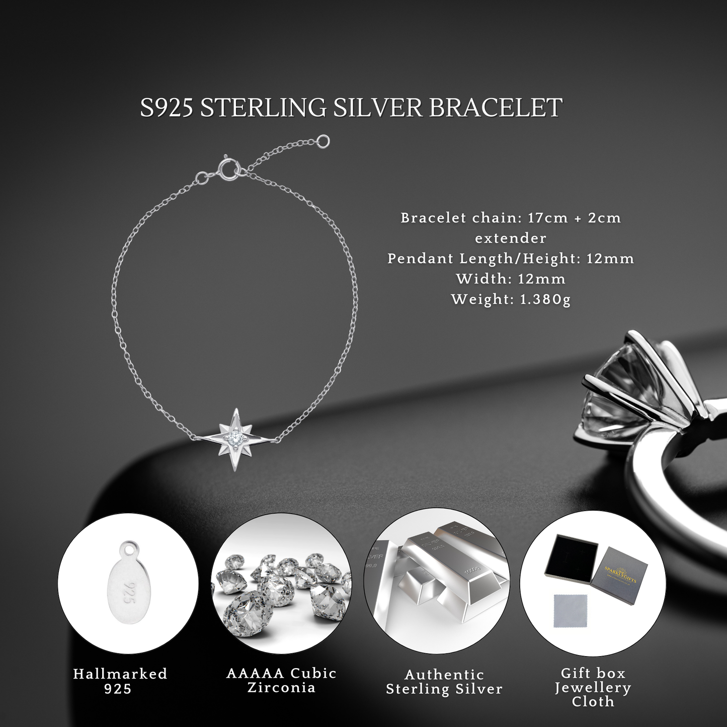 Sterling Silver Cubic Zirconia 19cm Star Bracelet
