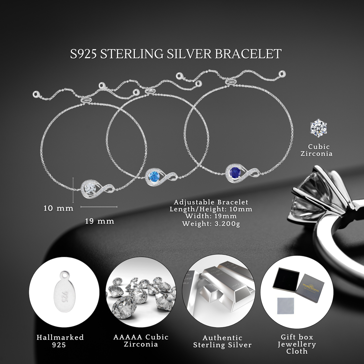 Sterling Silver Cubic Zirconia Adjustable Infinity Bracelet Blue Topaz Sapphire Clear CZ