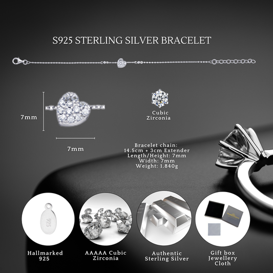 Sterling Silver Cubic Zirconia 7mm Heart Bracelet