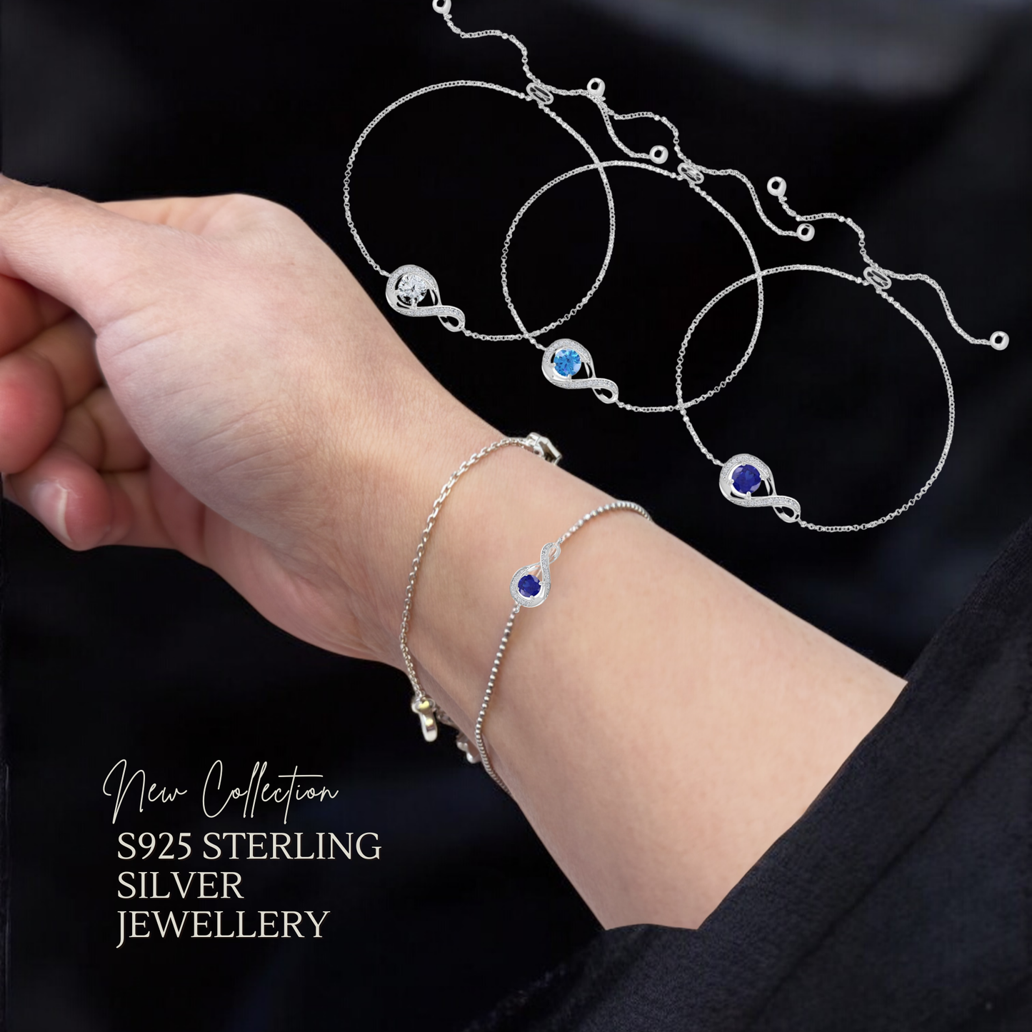 Sterling Silver Cubic Zirconia Adjustable Infinity Bracelet Blue Topaz Sapphire Clear CZ