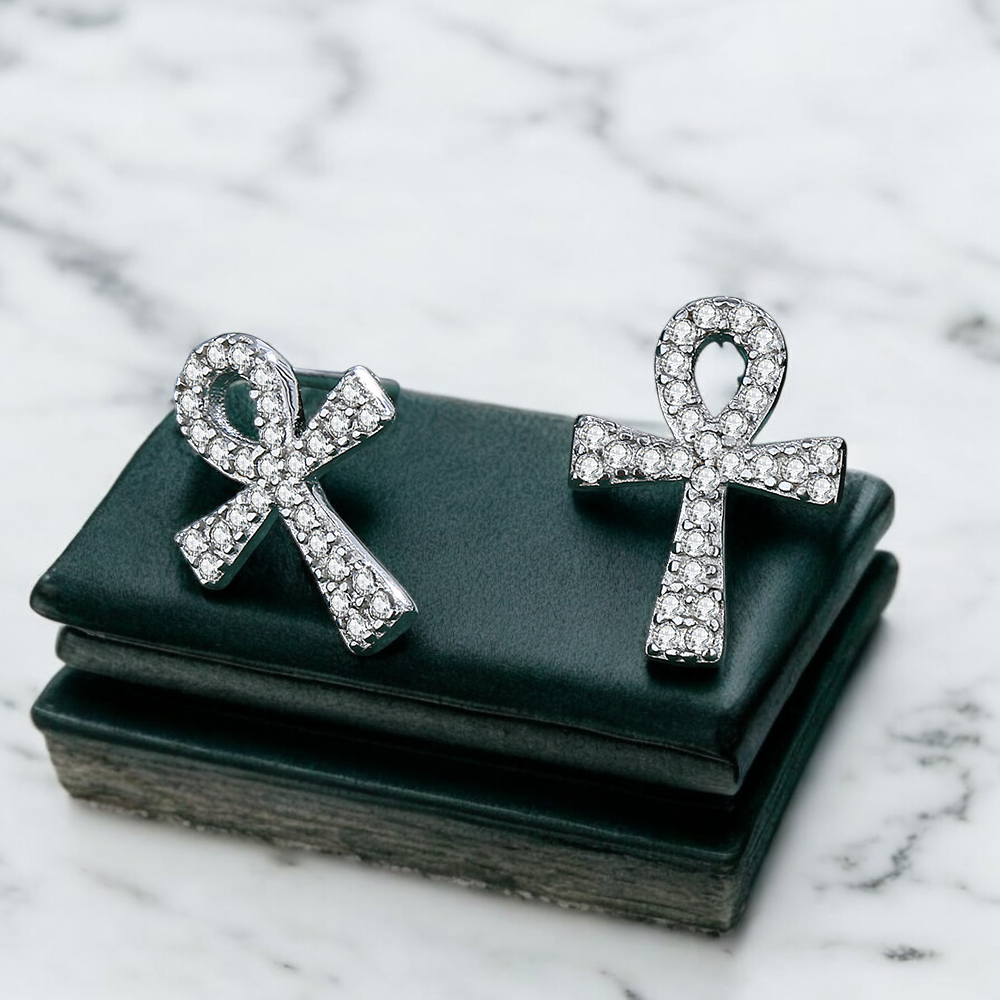 Sterling Silver Cross C/Z Bow Stud Earrings S925 Hallmark