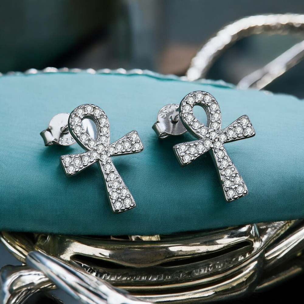 Sterling Silver Cross C/Z Bow Stud Earrings S925 Hallmark