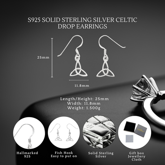 S925 Sterling Silver Celtic Trinity Knot Hook Drop Earrings Women