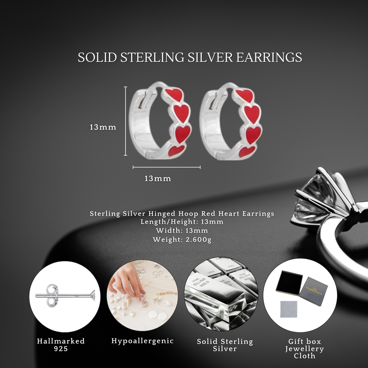 Sterling Silver Hinged Hoop Red Heart Earrings