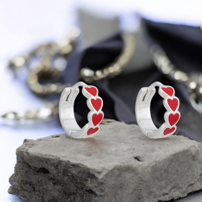 Sterling Silver Hinged Hoop Red Heart Earrings