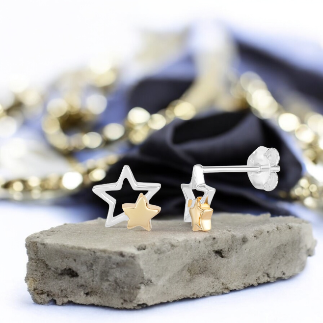 Sterling Silver Gold Plated Two Tone Stars Stud Earrings