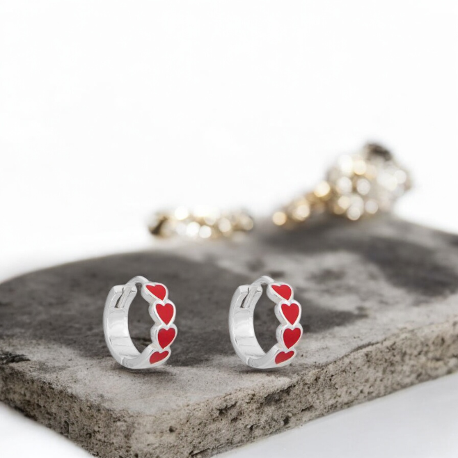 Sterling Silver Hinged Hoop Red Heart Earrings