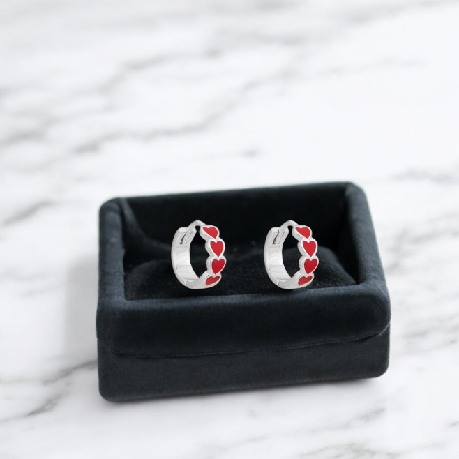 Sterling Silver Hinged Hoop Red Heart Earrings