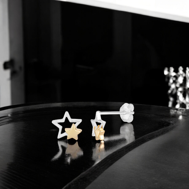 Sterling Silver Gold Plated Two Tone Stars Stud Earrings