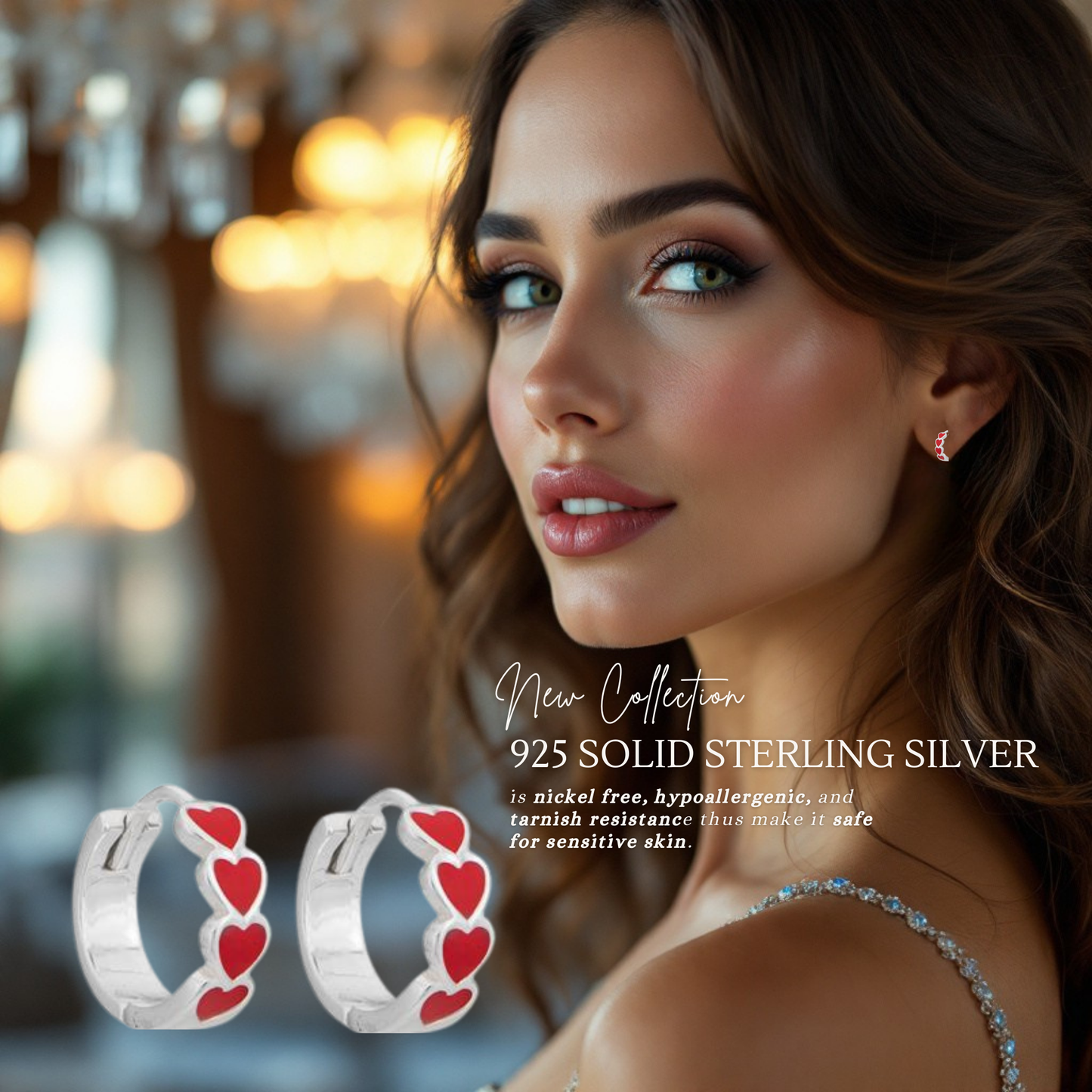 Sterling Silver Hinged Hoop Red Heart Earrings