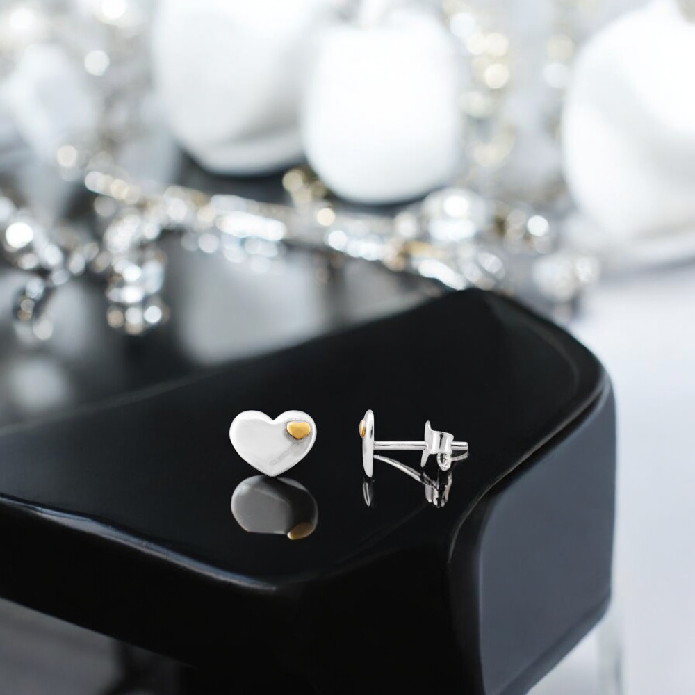 Sterling Silver Gold Plated Two Tone 10mmx7mm Heart Stud Earrings