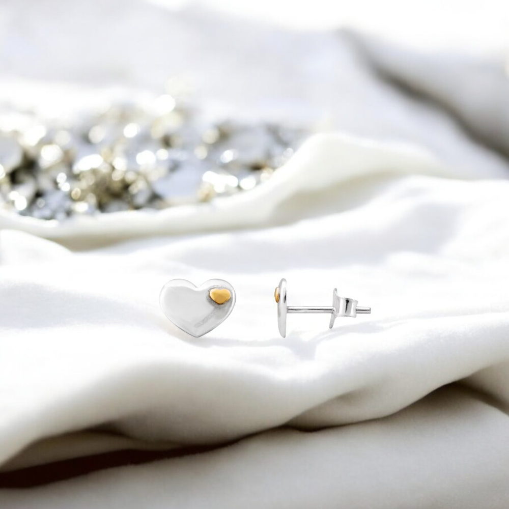 Sterling Silver Gold Plated Two Tone 10mmx7mm Heart Stud Earrings