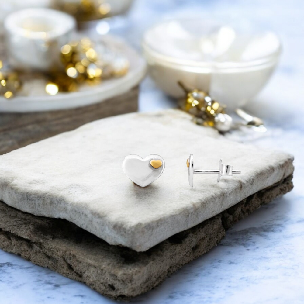 Sterling Silver Gold Plated Two Tone 10mmx7mm Heart Stud Earrings