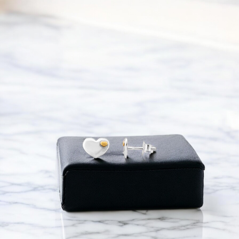 Sterling Silver Gold Plated Two Tone 10mmx7mm Heart Stud Earrings