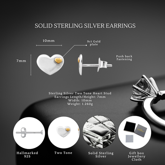 Sterling Silver Gold Plated Two Tone 10mmx7mm Heart Stud Earrings