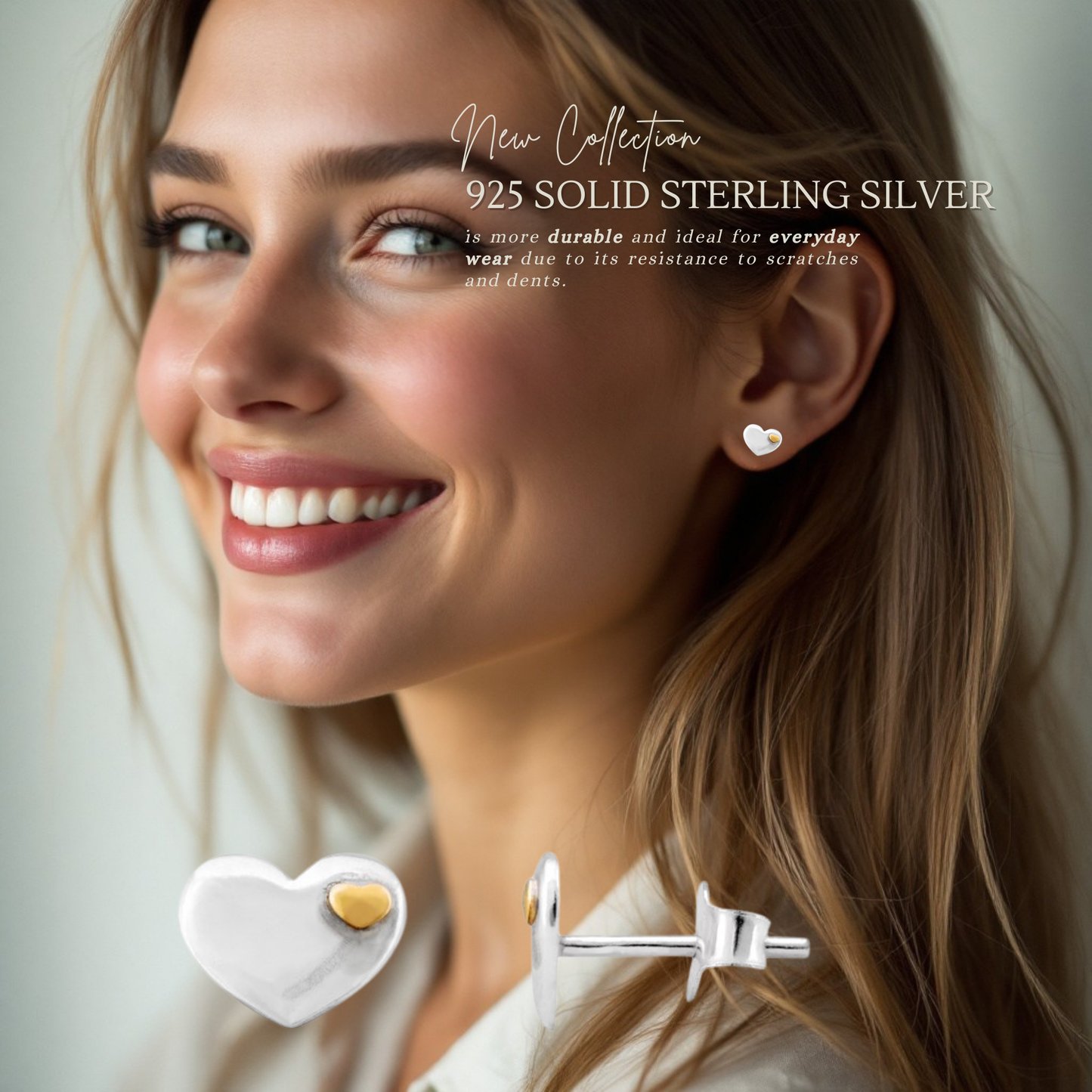 Sterling Silver Gold Plated Two Tone 10mmx7mm Heart Stud Earrings