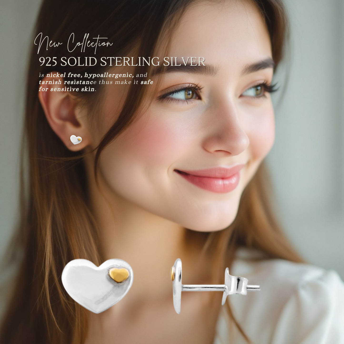 Sterling Silver Gold Plated Two Tone 10mmx7mm Heart Stud Earrings