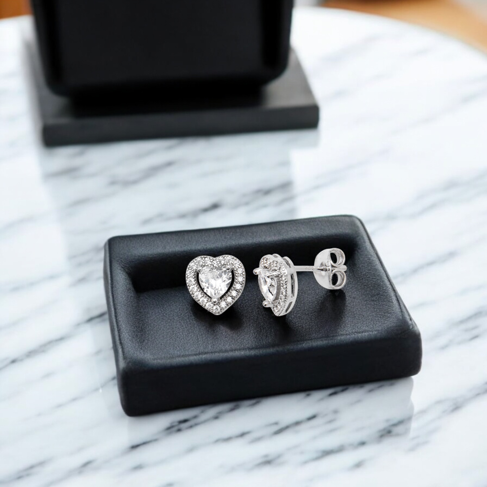 Sterling Silver Cubic Zirconia Rhodium Plated Halo Heart Stud Earrings