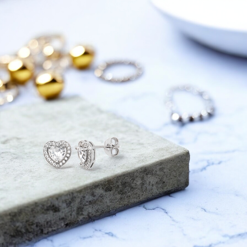 Sterling Silver Cubic Zirconia Rhodium Plated Halo Heart Stud Earrings