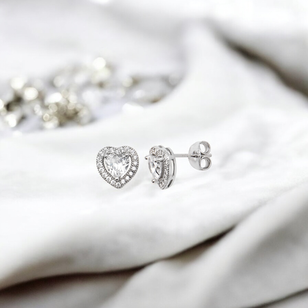 Sterling Silver Cubic Zirconia Rhodium Plated Halo Heart Stud Earrings