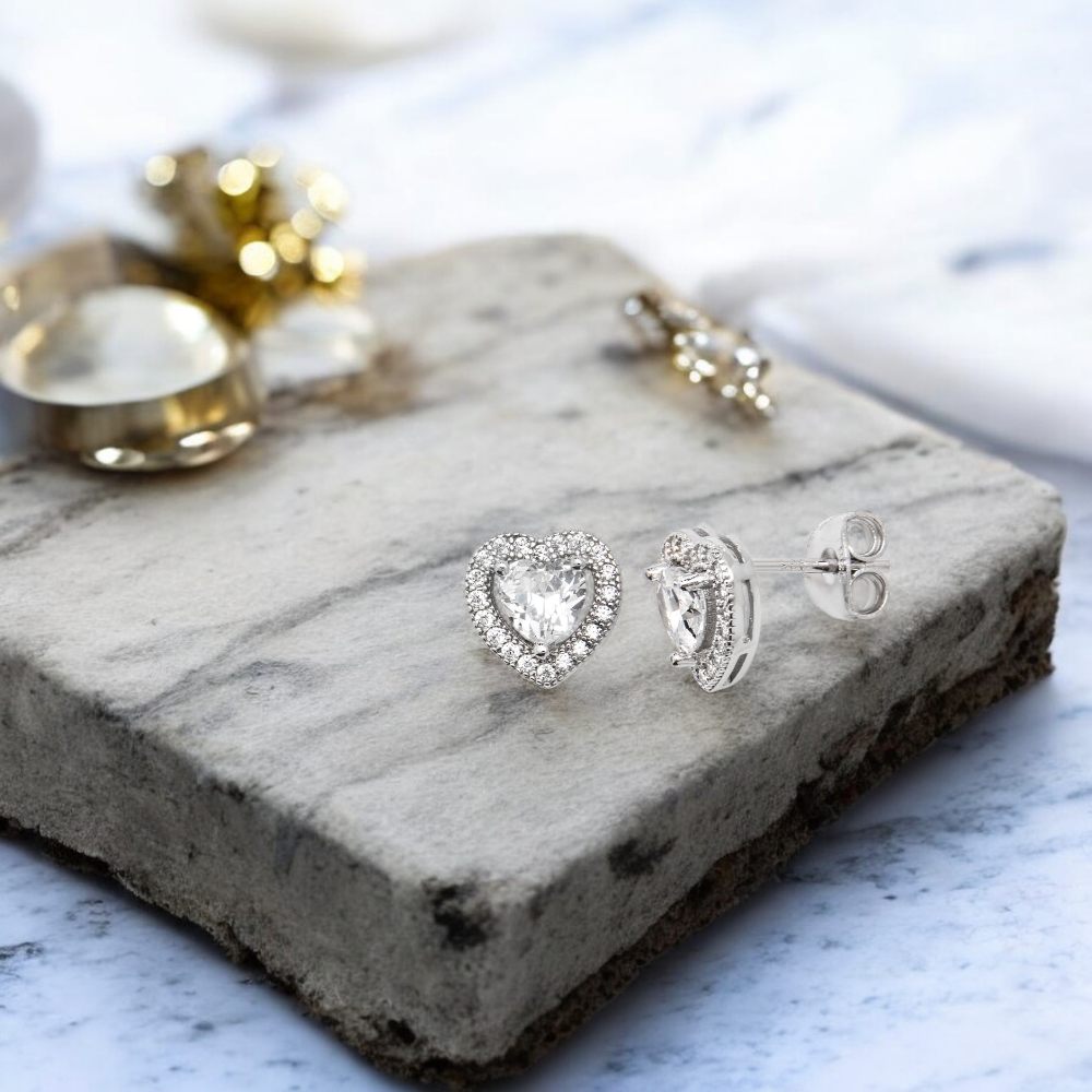 Sterling Silver Cubic Zirconia Rhodium Plated Halo Heart Stud Earrings