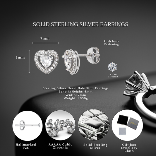 Sterling Silver Cubic Zirconia Rhodium Plated Halo Heart Stud Earrings